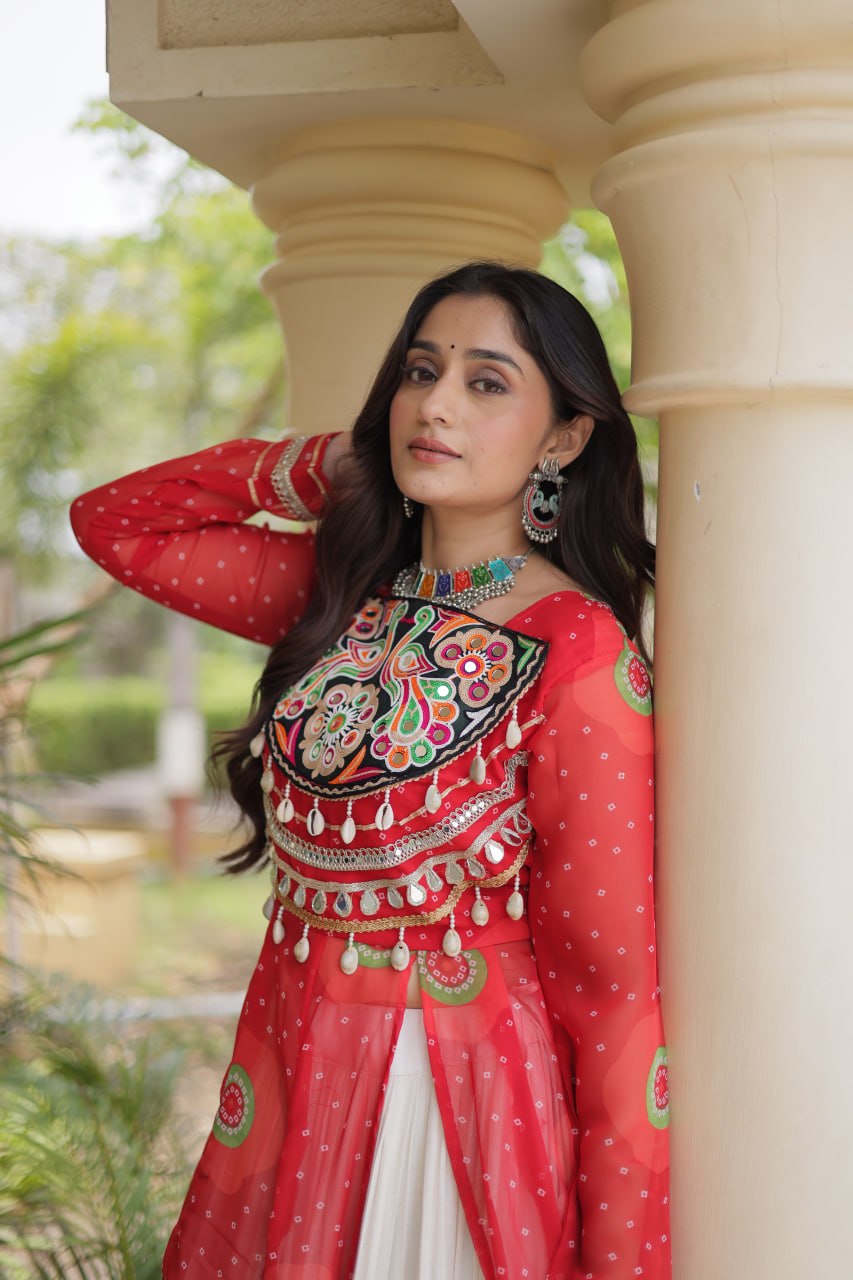 Kritika Red Kora Cotton Bandhani Lehenga & Kurti Set