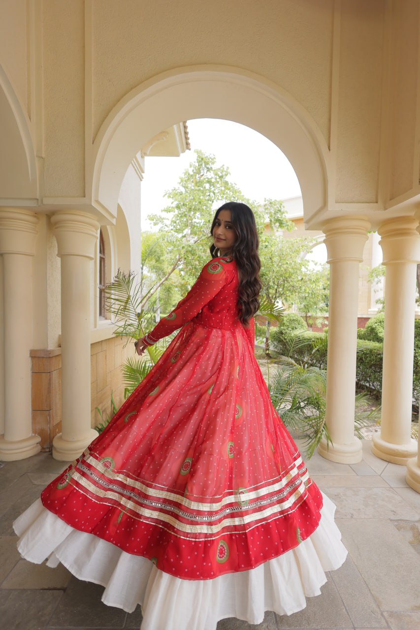 Kritika Red Kora Cotton Bandhani Lehenga & Kurti Set