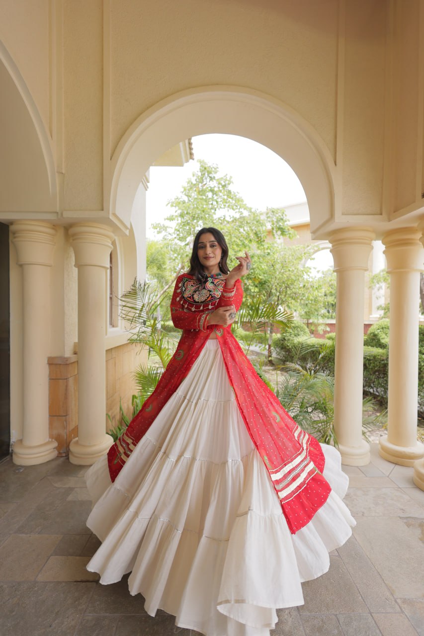 Kritika Red Kora Cotton Bandhani Lehenga & Kurti Set
