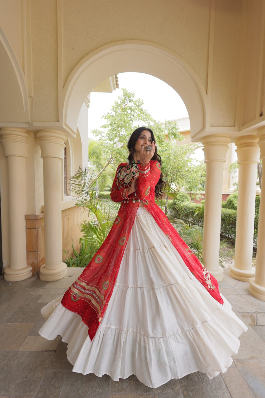 Kritika Red Kora Cotton Bandhani Lehenga & Kurti Set