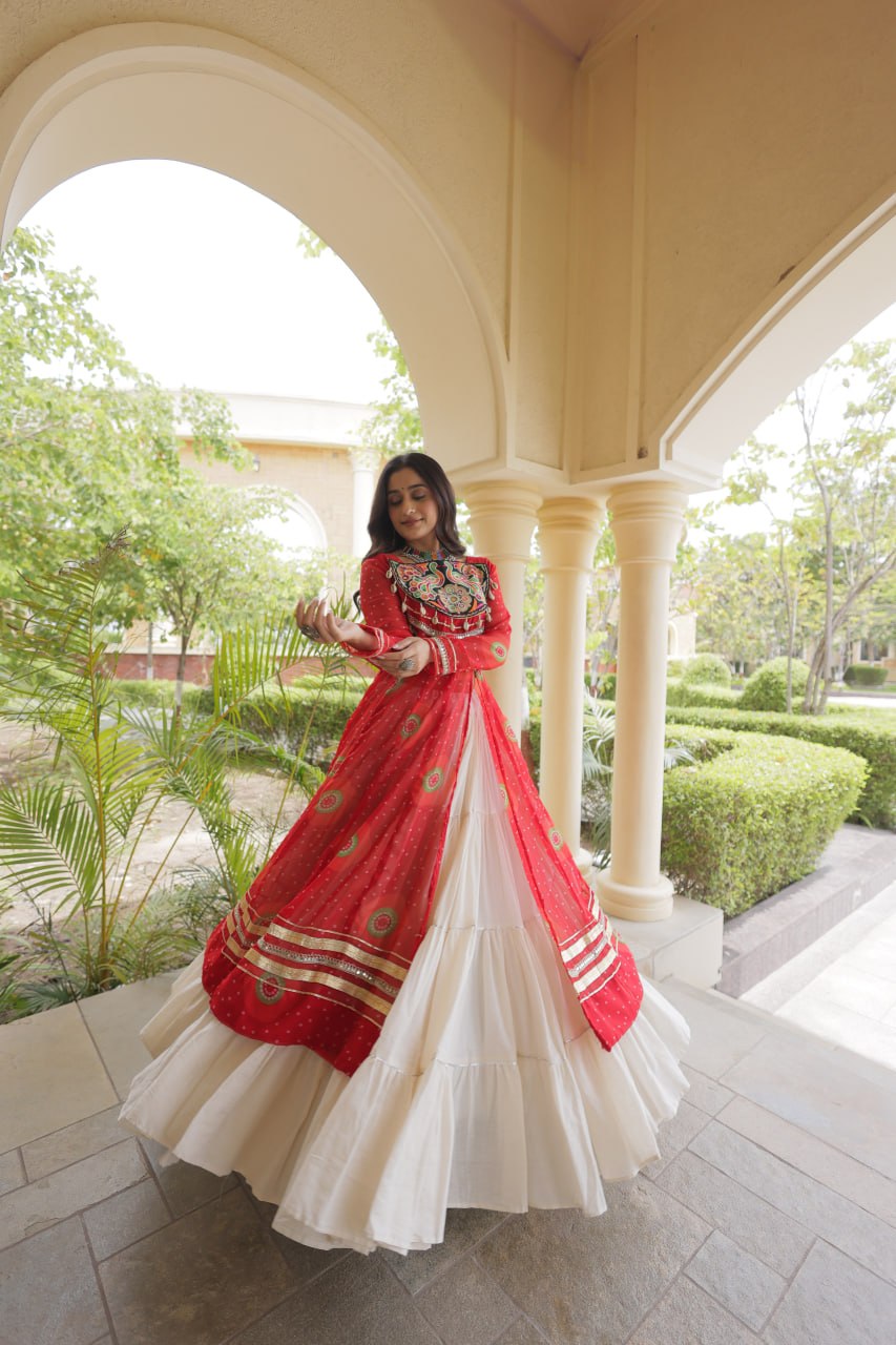 Kritika Red Kora Cotton Bandhani Lehenga & Kurti Set