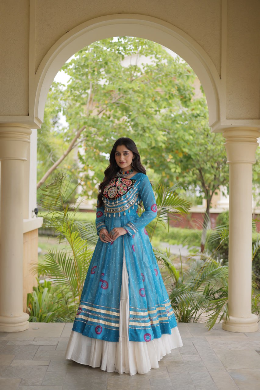 Kritika Sky Blue Kora Cotton Bandhani Lehenga & Kurti Set