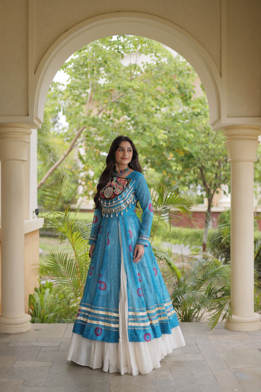 Kritika Sky Blue Kora Cotton Bandhani Lehenga & Kurti Set