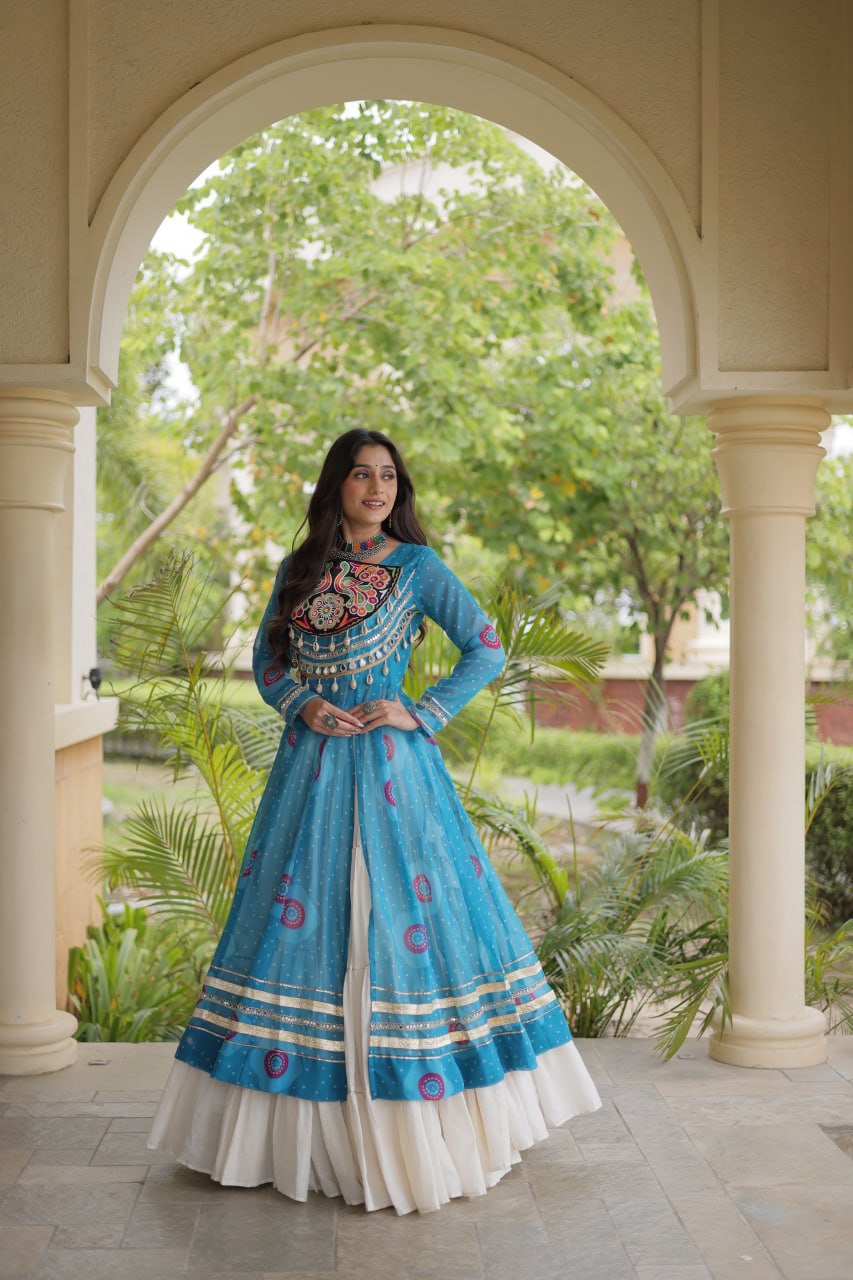 Kritika Sky Blue Kora Cotton Bandhani Lehenga & Kurti Set