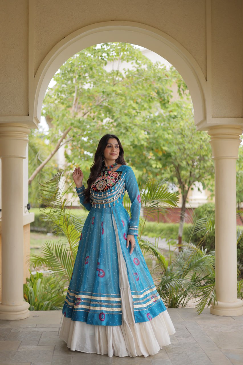 Kritika Sky Blue Kora Cotton Bandhani Lehenga & Kurti Set