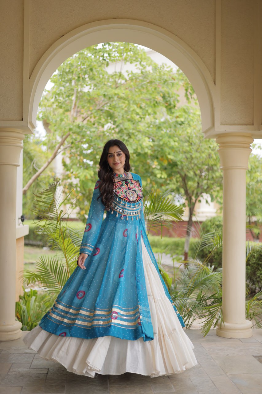 Kritika Sky Blue Kora Cotton Bandhani Lehenga & Kurti Set