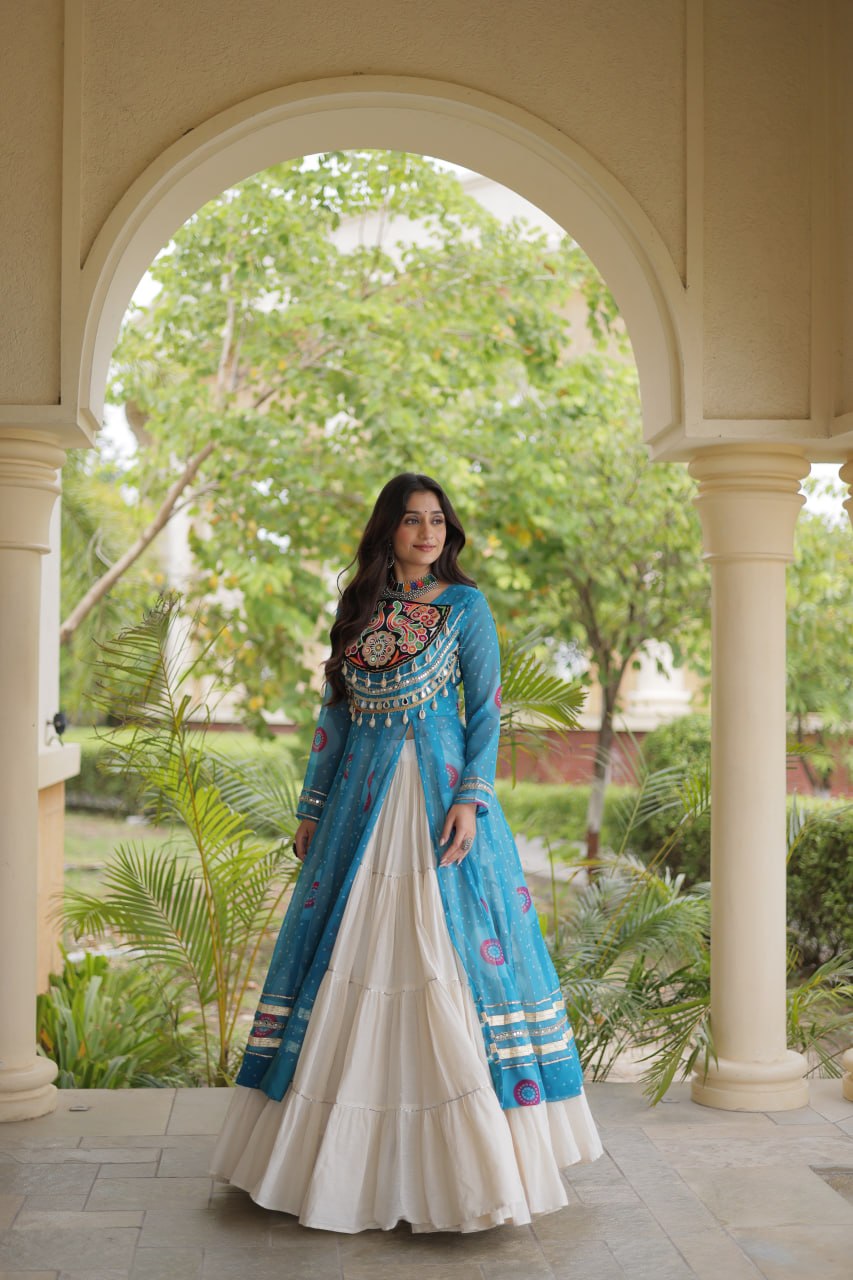 Kritika Sky Blue Kora Cotton Bandhani Lehenga & Kurti Set
