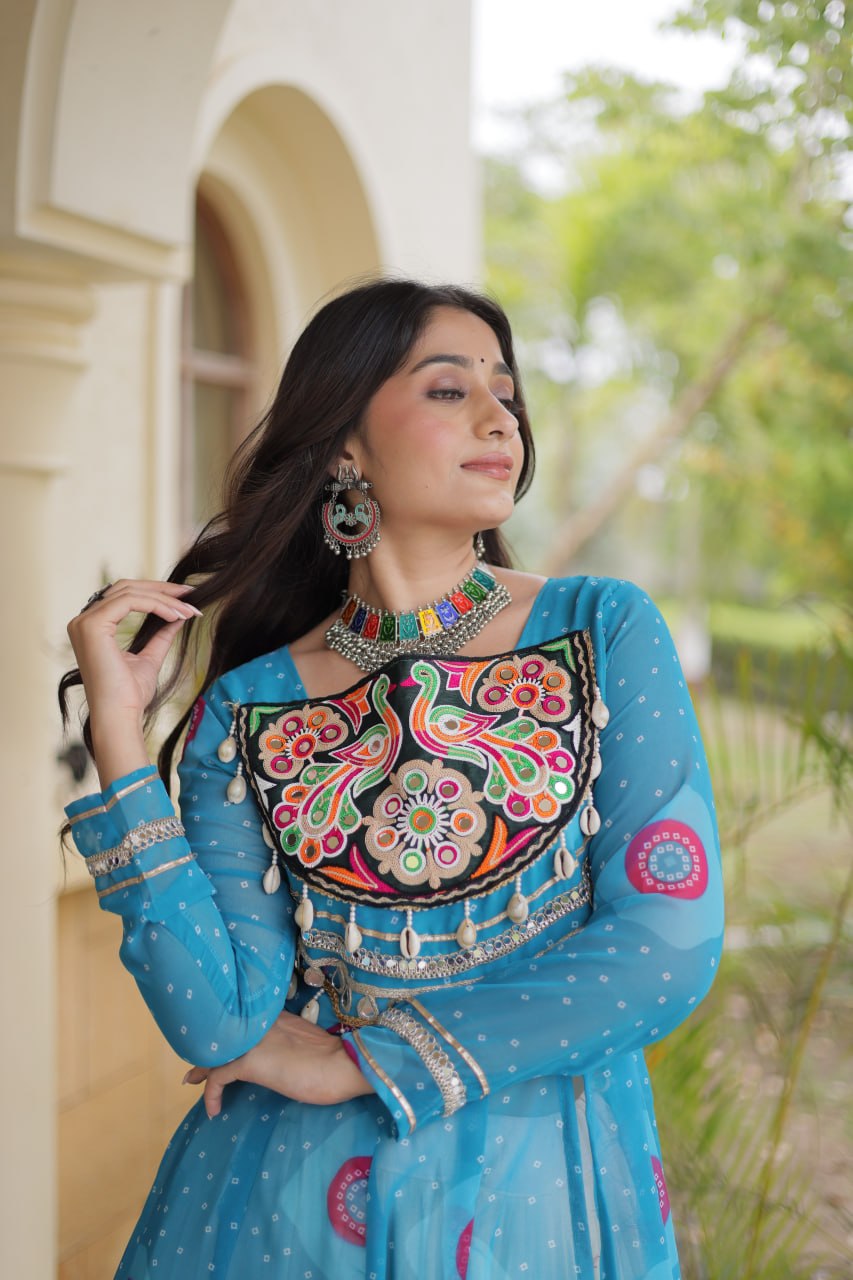 Kritika Sky Blue Kora Cotton Bandhani Lehenga & Kurti Set