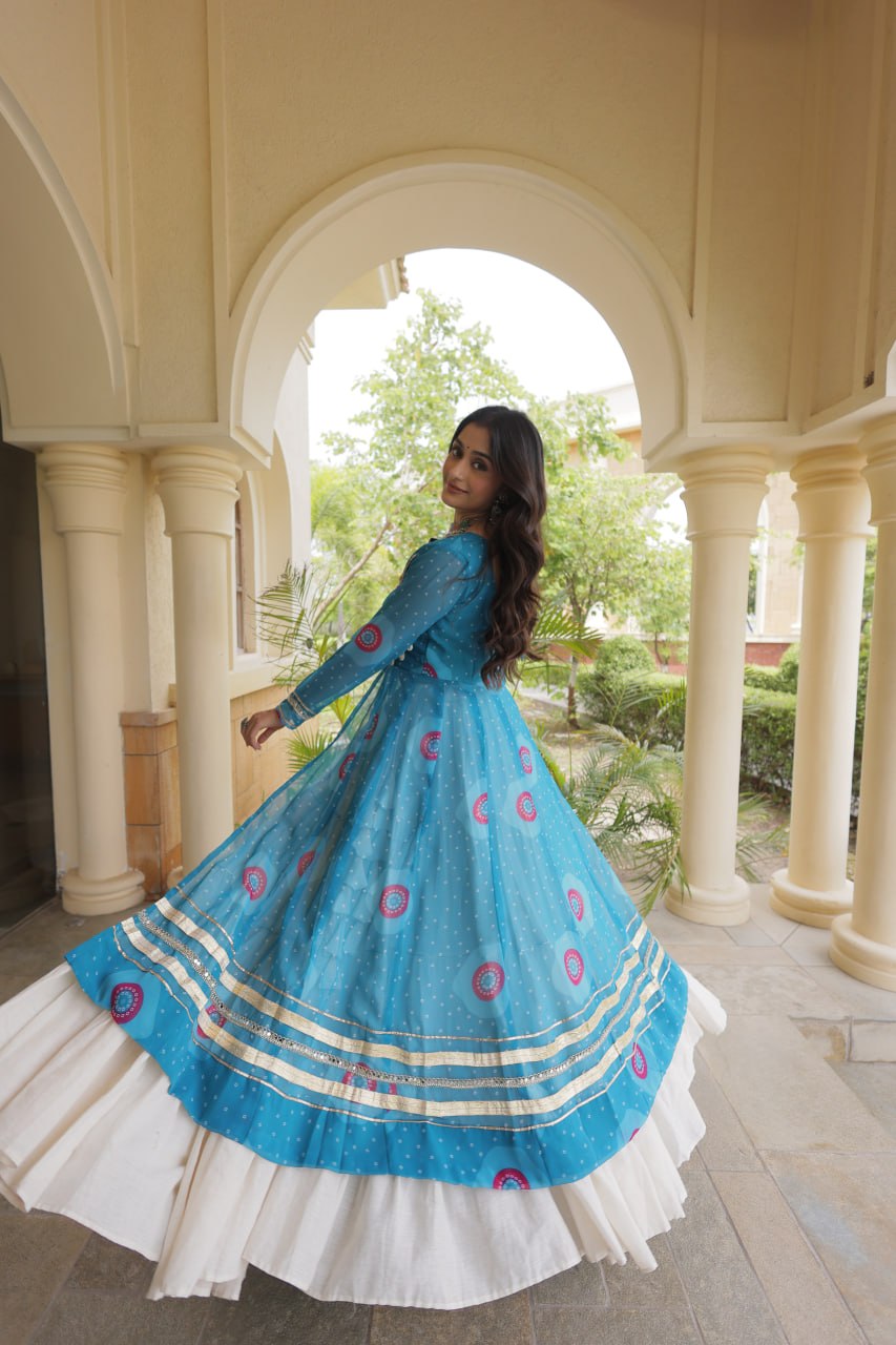 Kritika Sky Blue Kora Cotton Bandhani Lehenga & Kurti Set