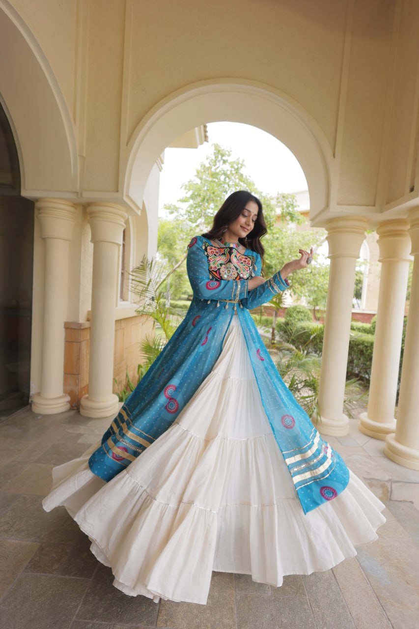 Kritika Sky Blue Kora Cotton Bandhani Lehenga & Kurti Set