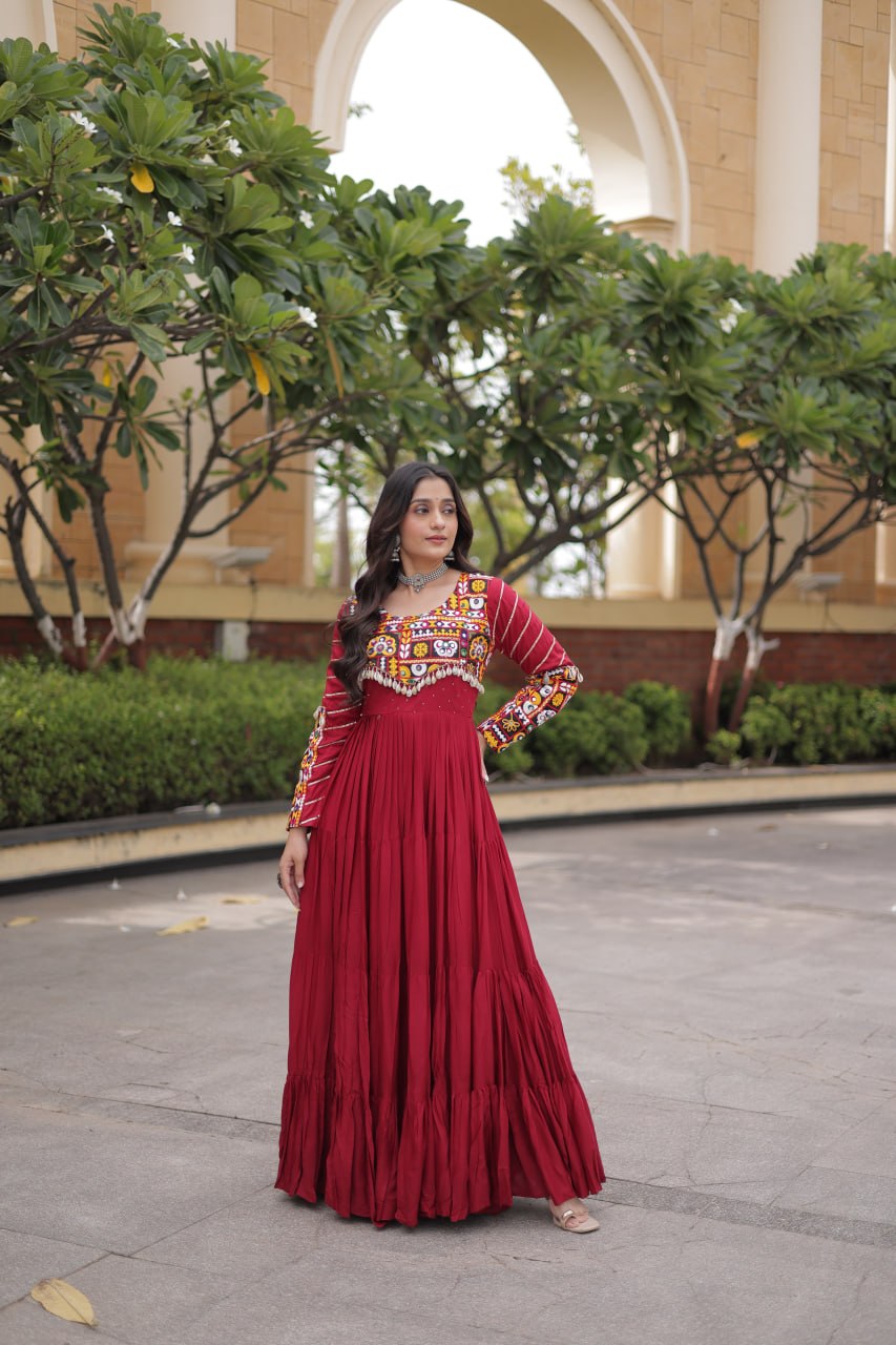 Urvi Maroon Reyon Mukaish Gamthi Embroidered Gown