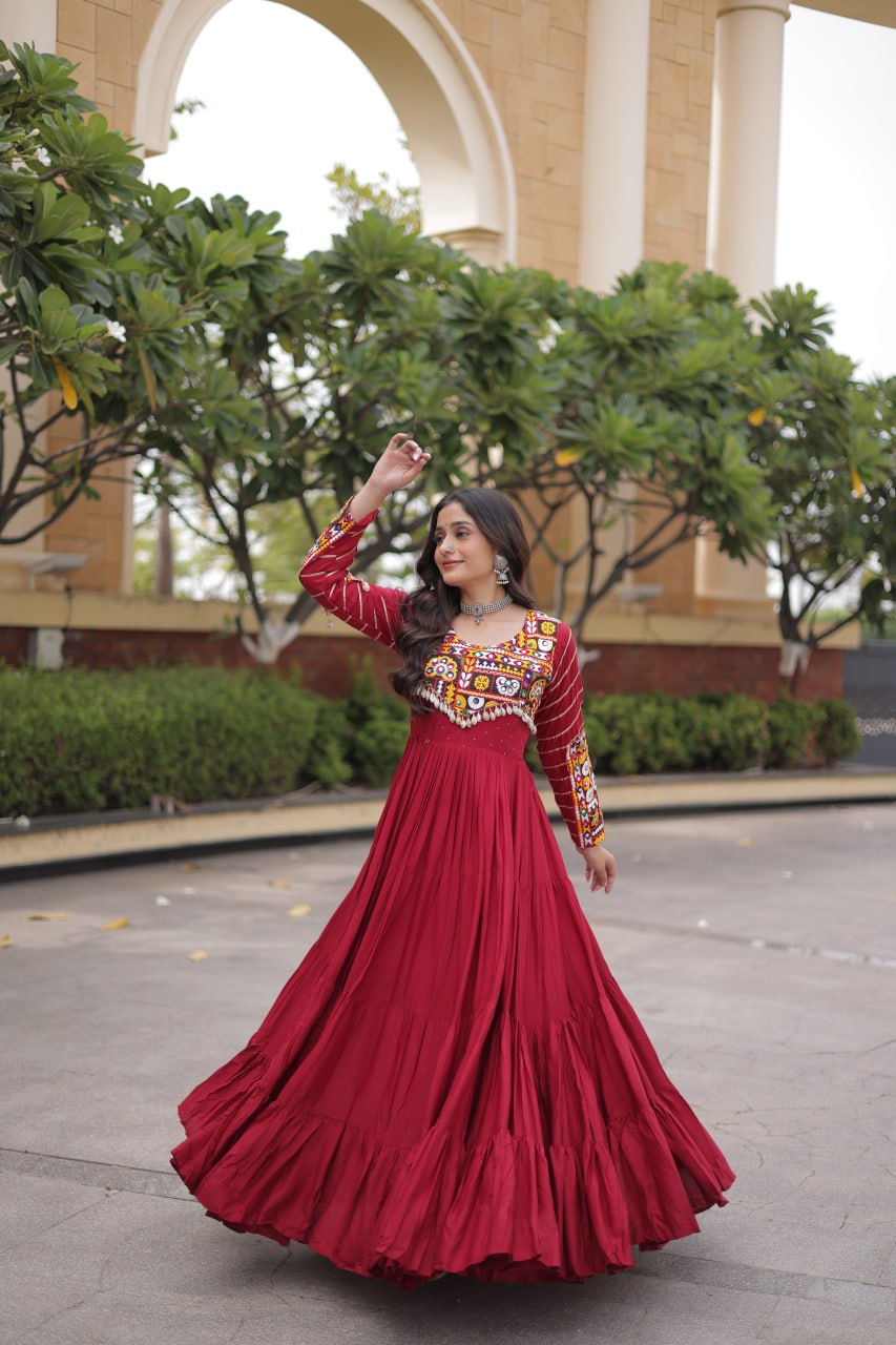 Urvi Maroon Reyon Mukaish Gamthi Embroidered Gown