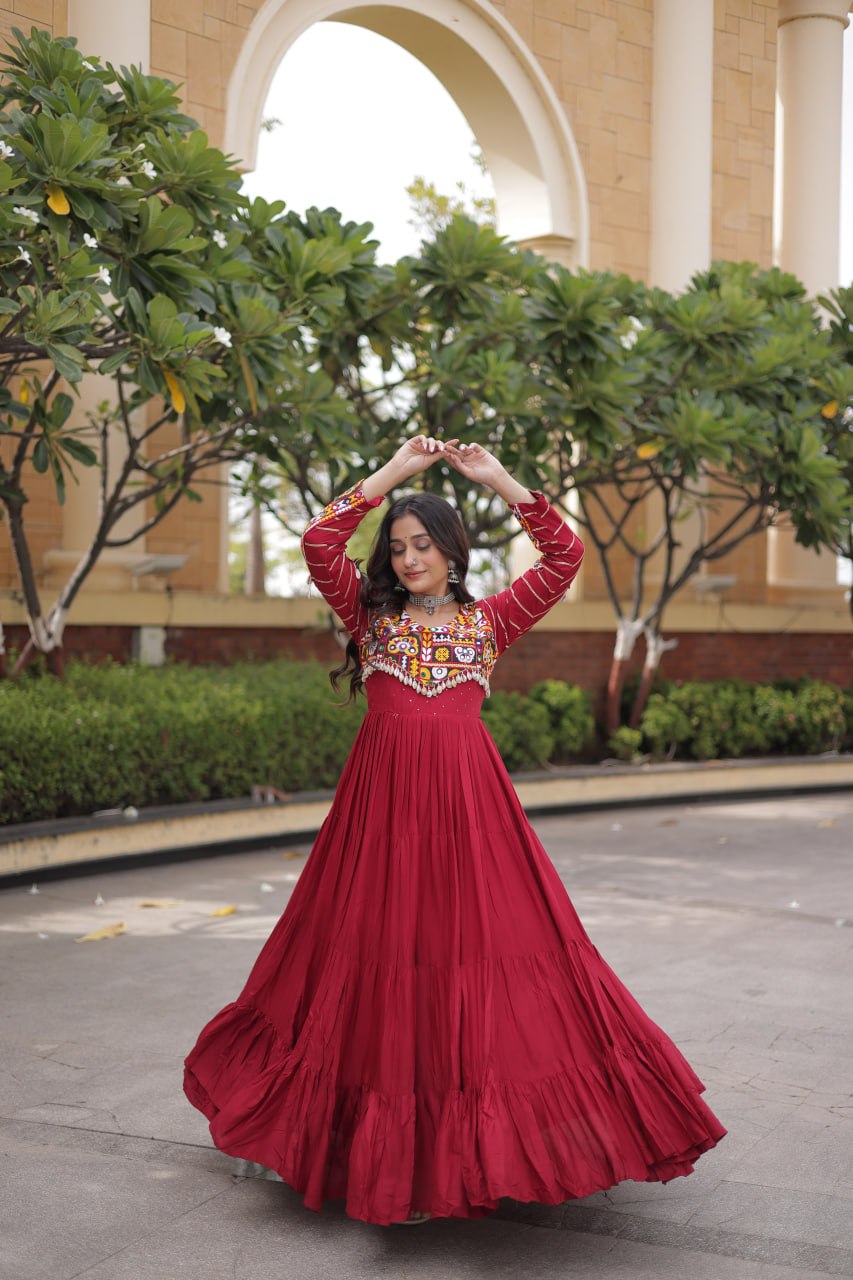 Urvi Maroon Reyon Mukaish Gamthi Embroidered Gown