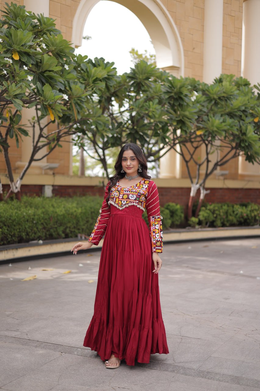 Urvi Maroon Reyon Mukaish Gamthi Embroidered Gown