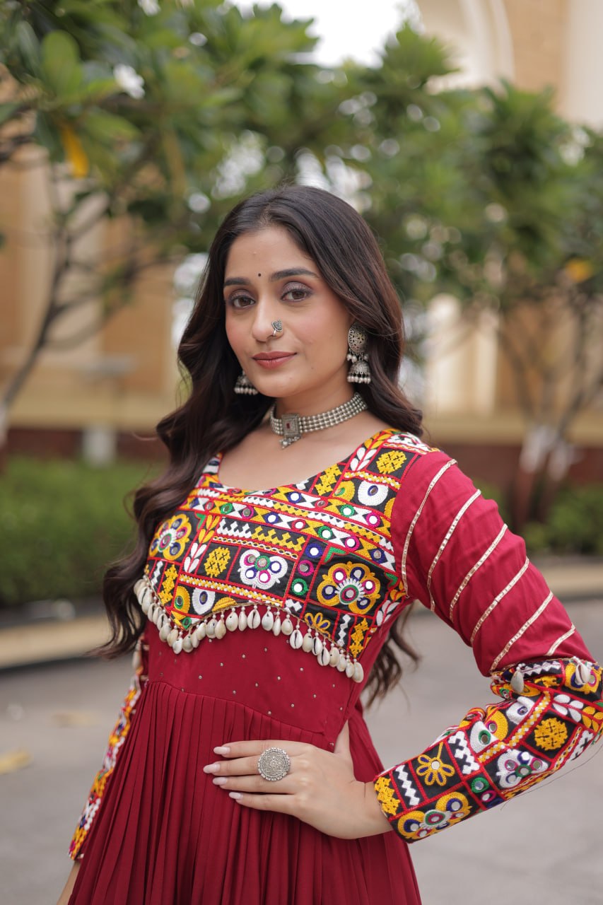 Urvi Maroon Reyon Mukaish Gamthi Embroidered Gown