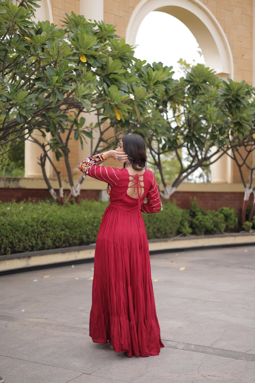 Urvi Maroon Reyon Mukaish Gamthi Embroidered Gown