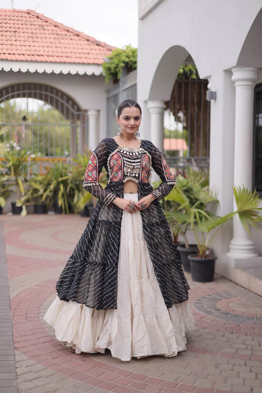 Radhika Black Kora Cotton Laheriya Lehenga & Kurti Set