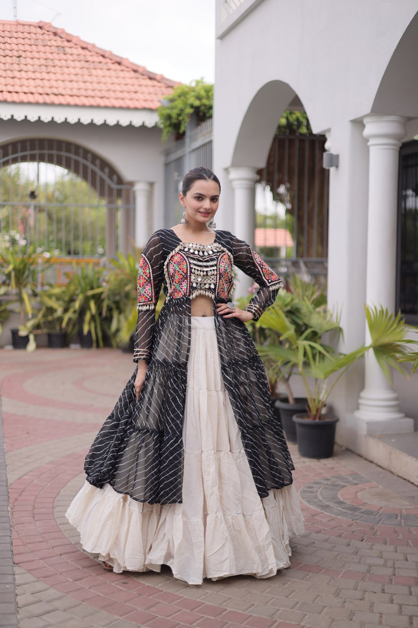 Radhika Black Kora Cotton Laheriya Lehenga & Kurti Set