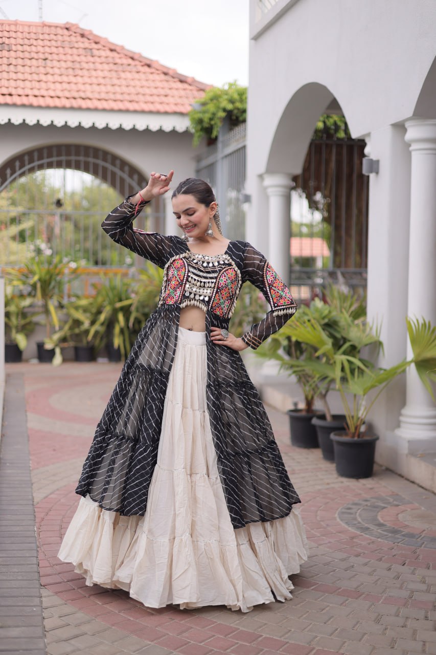 Radhika Black Kora Cotton Laheriya Lehenga & Kurti Set