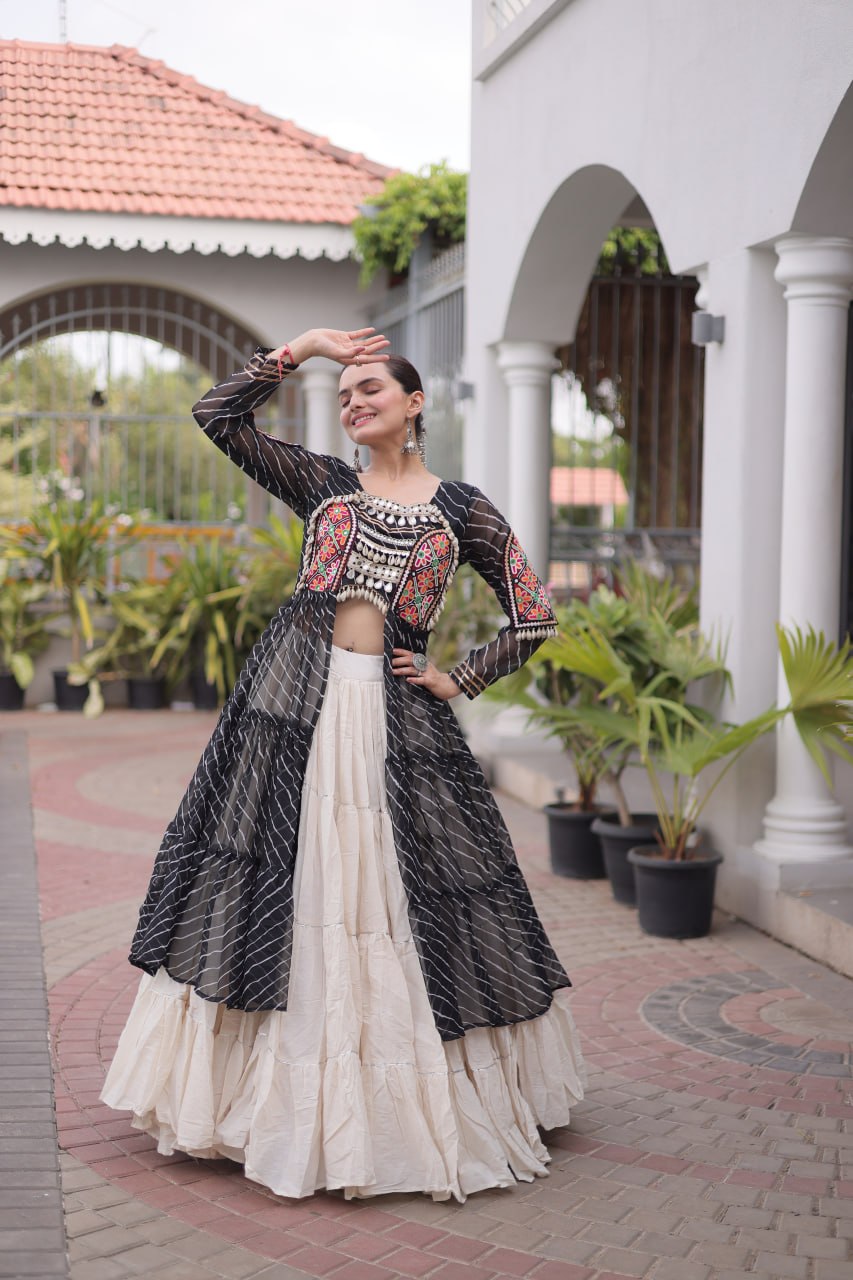 Radhika Black Kora Cotton Laheriya Lehenga & Kurti Set