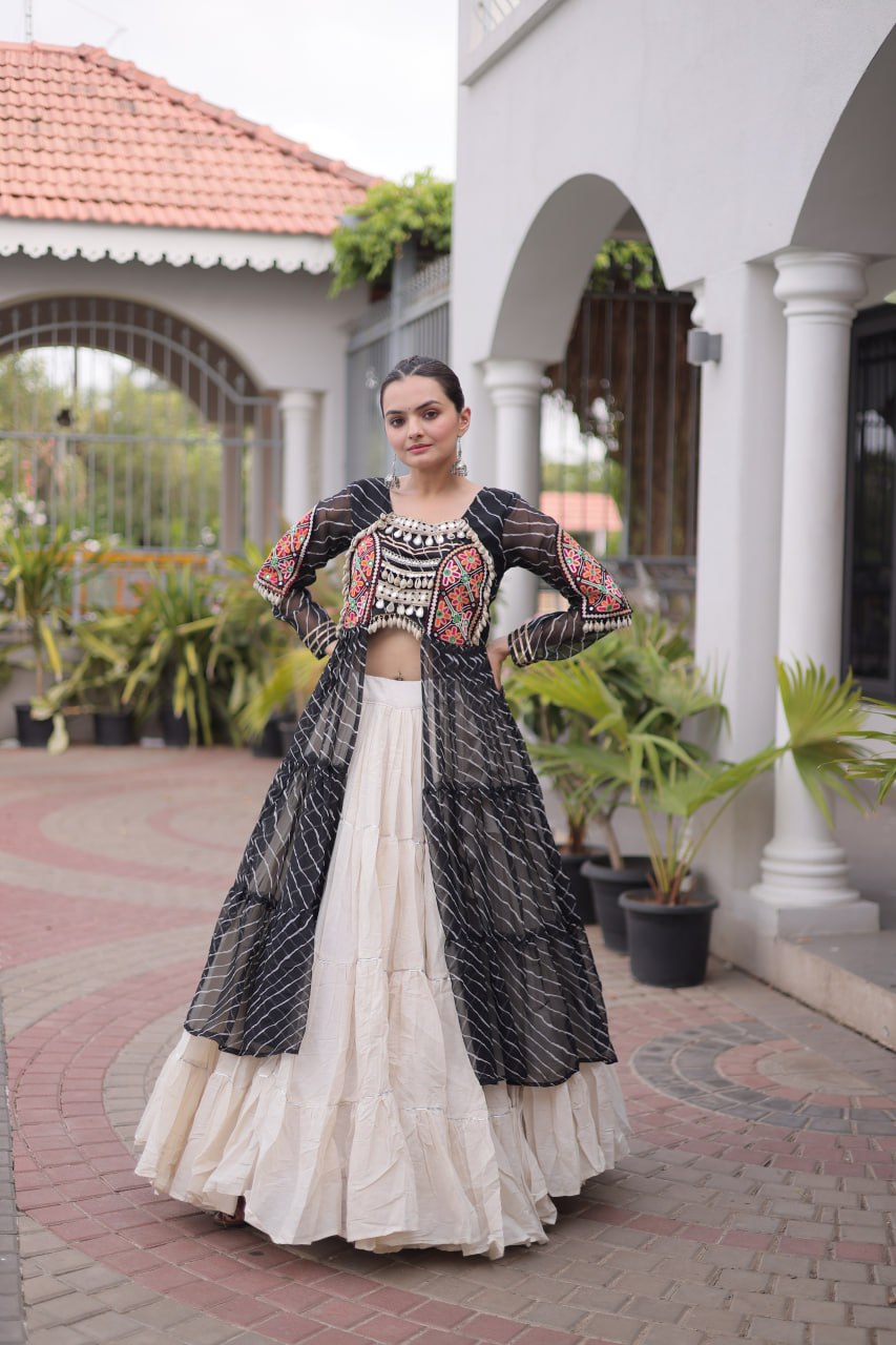 Radhika Black Kora Cotton Laheriya Lehenga & Kurti Set