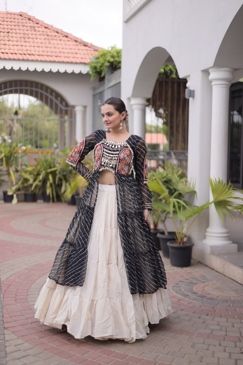 Radhika Black Kora Cotton Laheriya Lehenga & Kurti Set