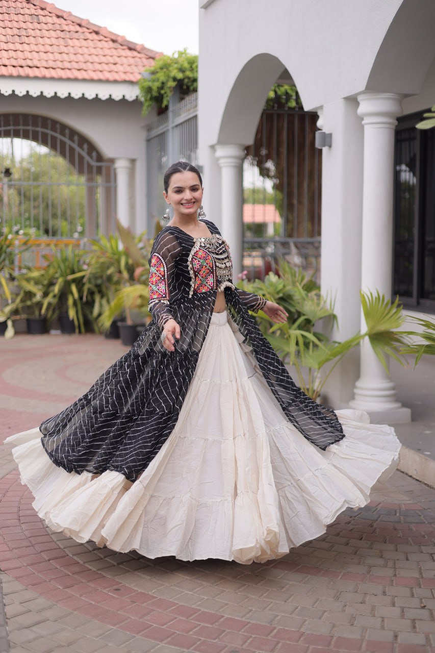 Radhika Black Kora Cotton Laheriya Lehenga & Kurti Set