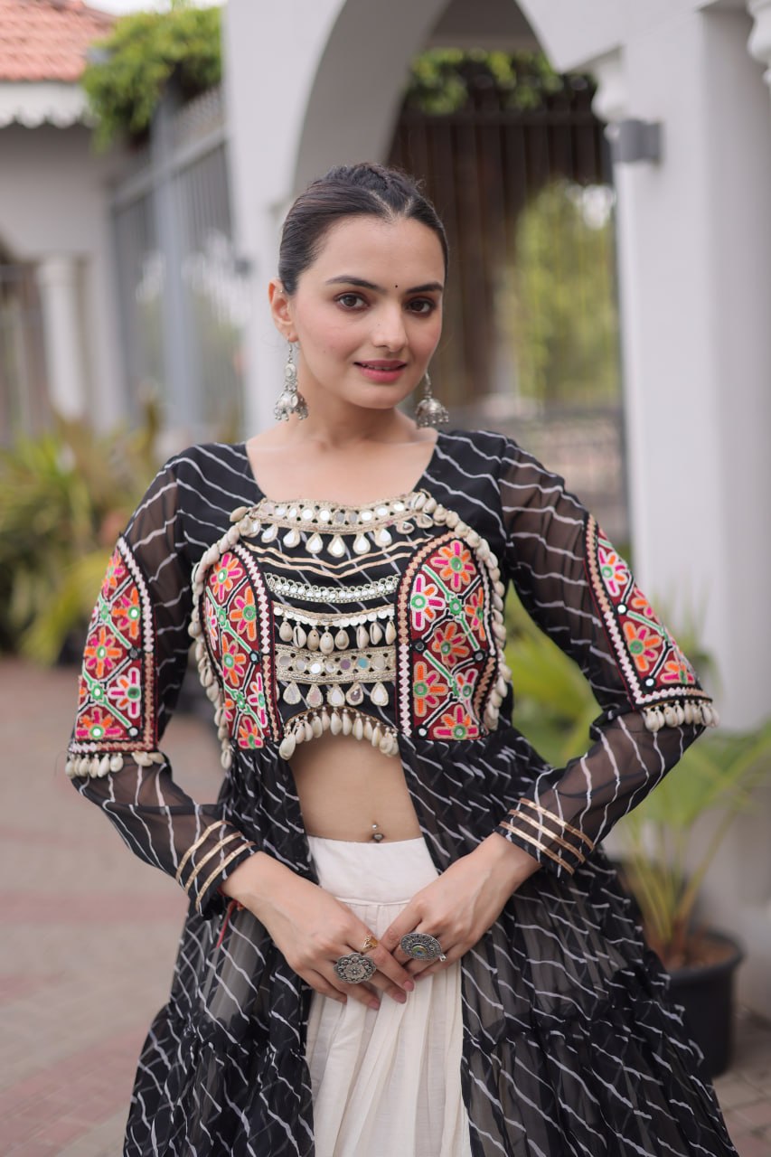 Radhika Black Kora Cotton Laheriya Lehenga & Kurti Set