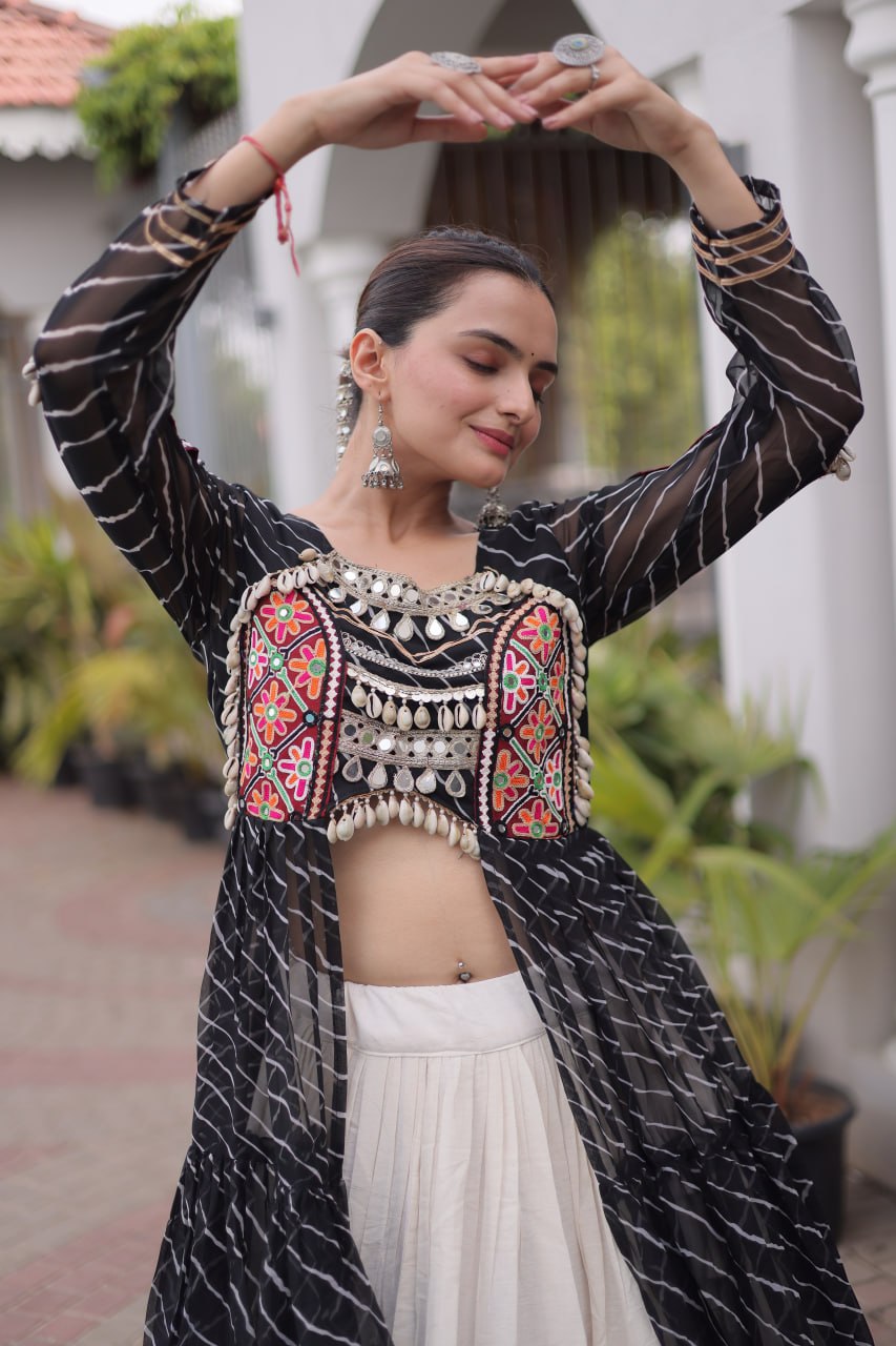 Radhika Black Kora Cotton Laheriya Lehenga & Kurti Set