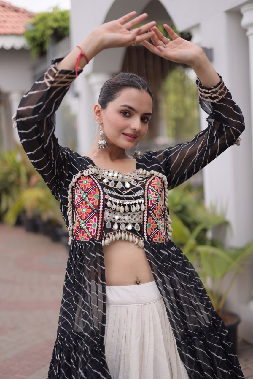 Radhika Black Kora Cotton Laheriya Lehenga & Kurti Set