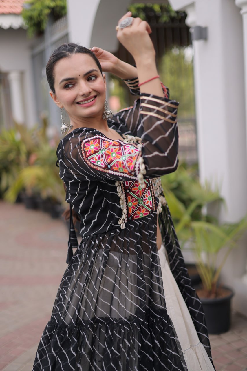 Radhika Black Kora Cotton Laheriya Lehenga & Kurti Set