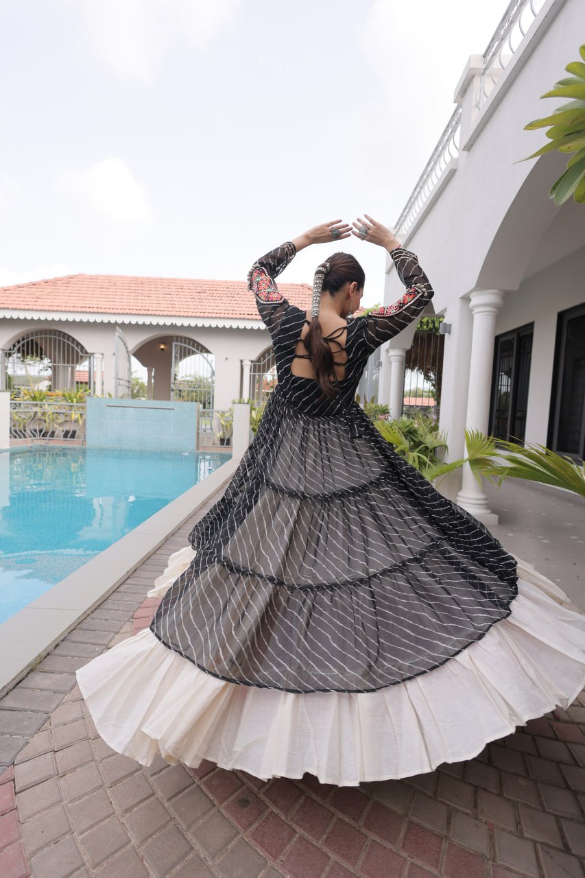 Radhika Black Kora Cotton Laheriya Lehenga & Kurti Set