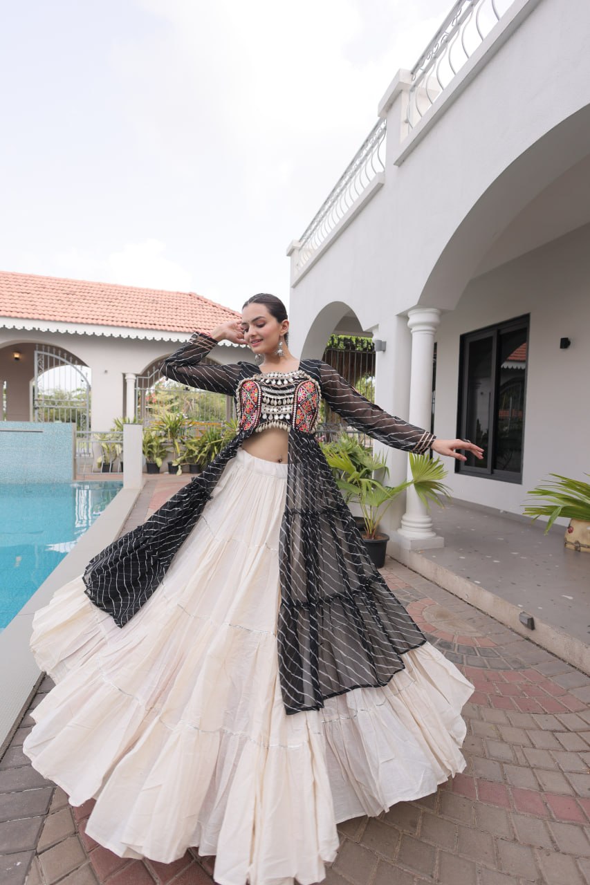 Radhika Black Kora Cotton Laheriya Lehenga & Kurti Set