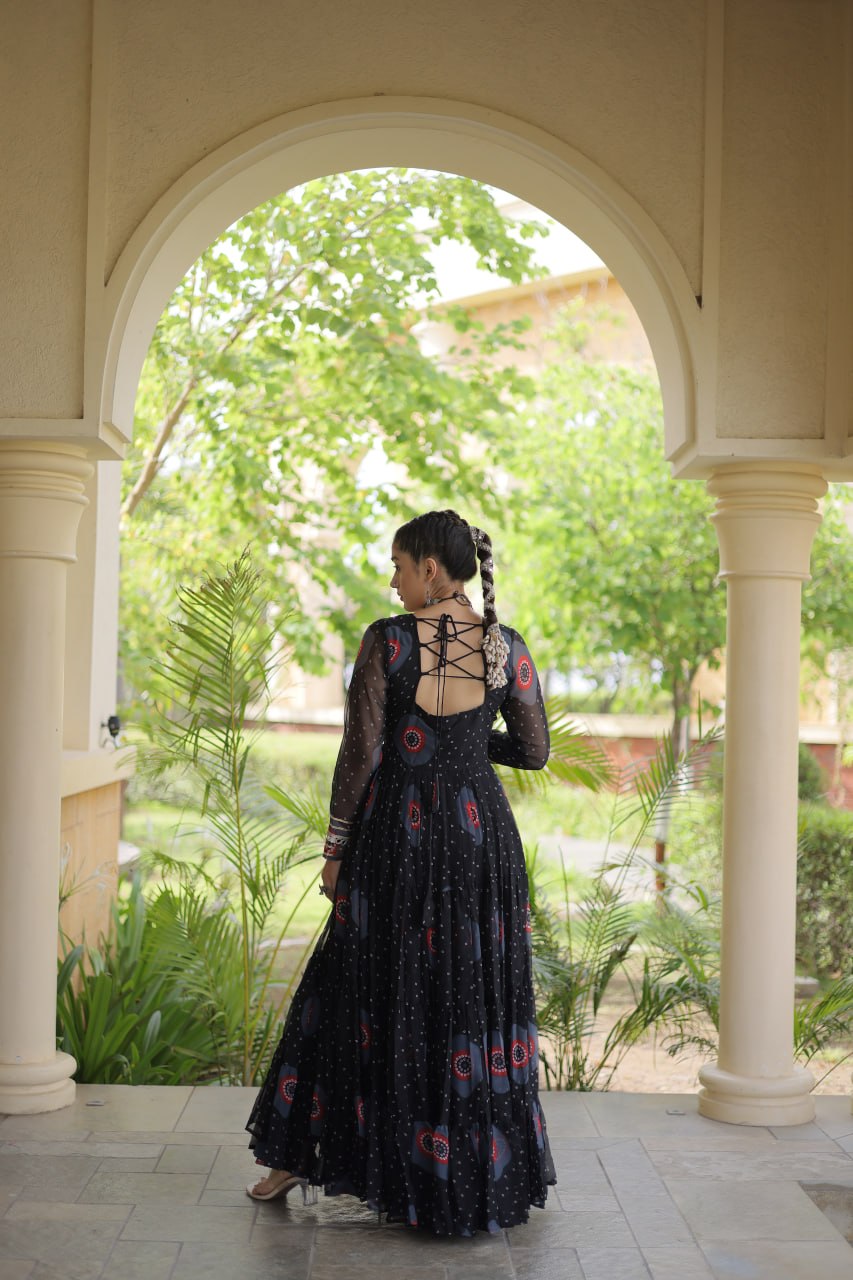 Meera Black Faux Georgette Bandhani Kutchi Patchwork Gown