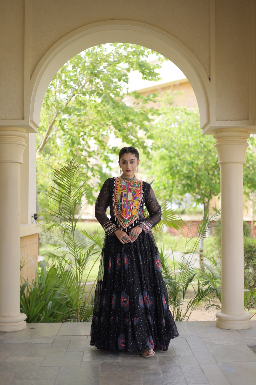 Meera Black Faux Georgette Bandhani Kutchi Patchwork Gown