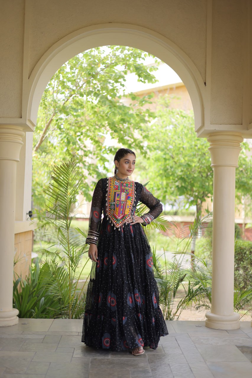 Meera Black Faux Georgette Bandhani Kutchi Patchwork Gown