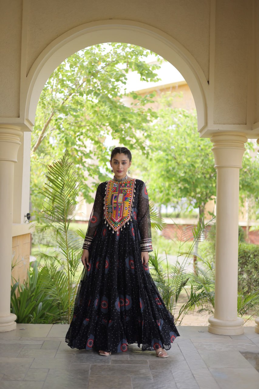 Meera Black Faux Georgette Bandhani Kutchi Patchwork Gown