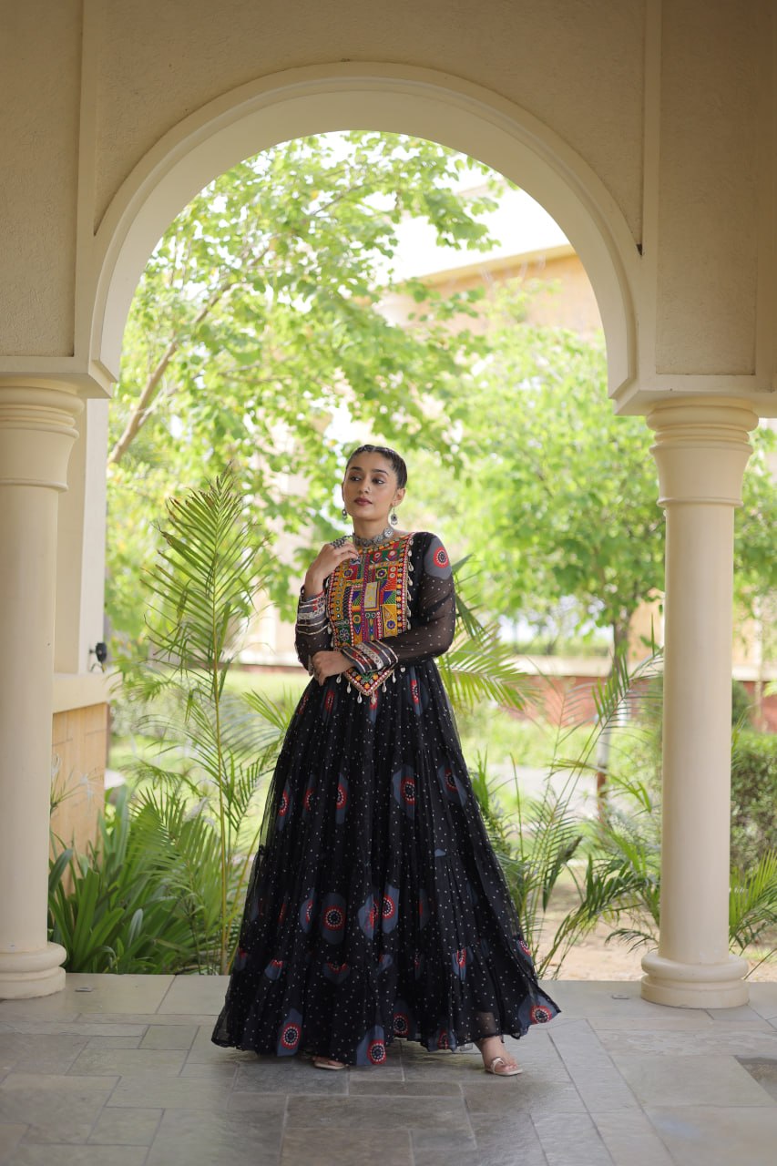 Meera Black Faux Georgette Bandhani Kutchi Patchwork Gown