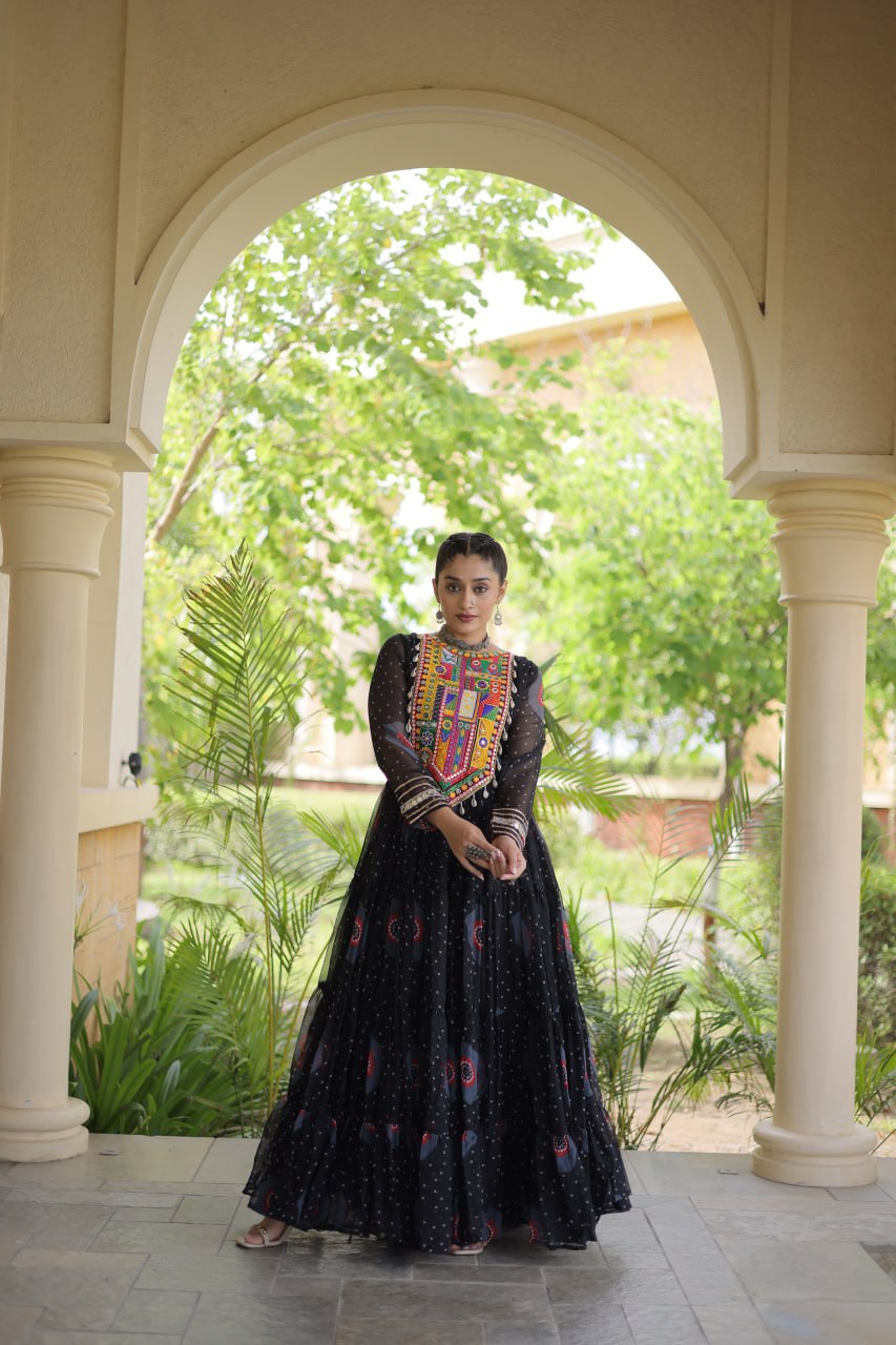Meera Black Faux Georgette Bandhani Kutchi Patchwork Gown