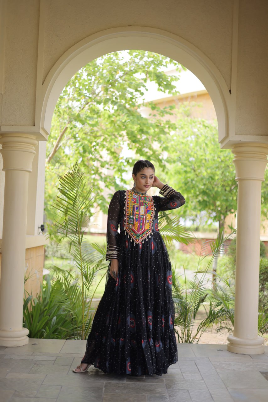 Meera Black Faux Georgette Bandhani Kutchi Patchwork Gown