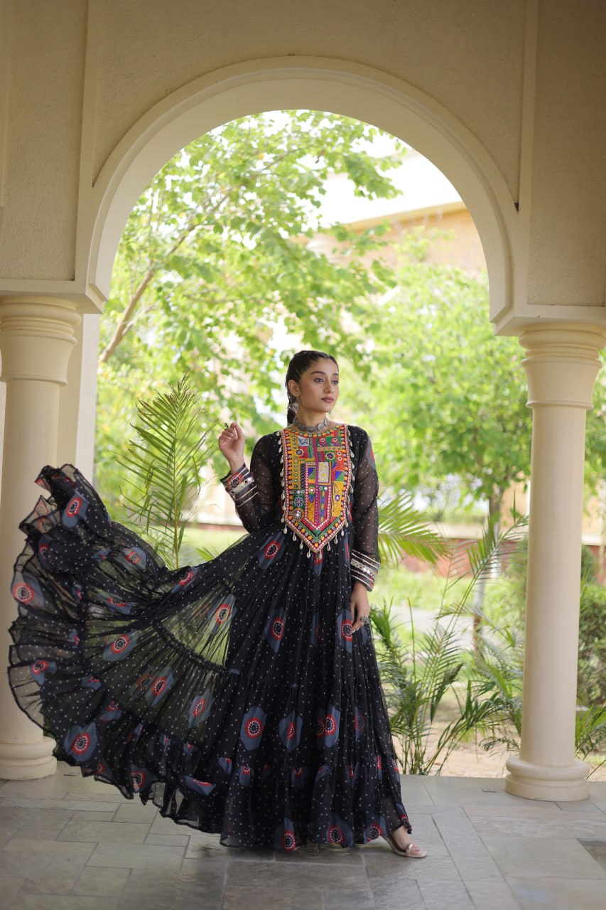 Meera Black Faux Georgette Bandhani Kutchi Patchwork Gown