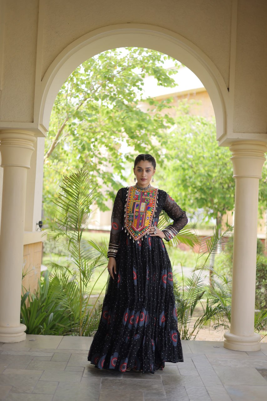 Meera Black Faux Georgette Bandhani Kutchi Patchwork Gown