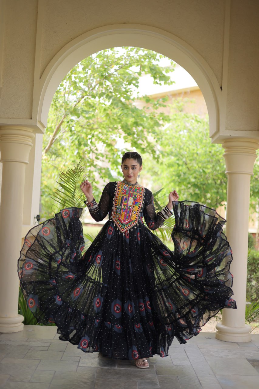 Meera Black Faux Georgette Bandhani Kutchi Patchwork Gown