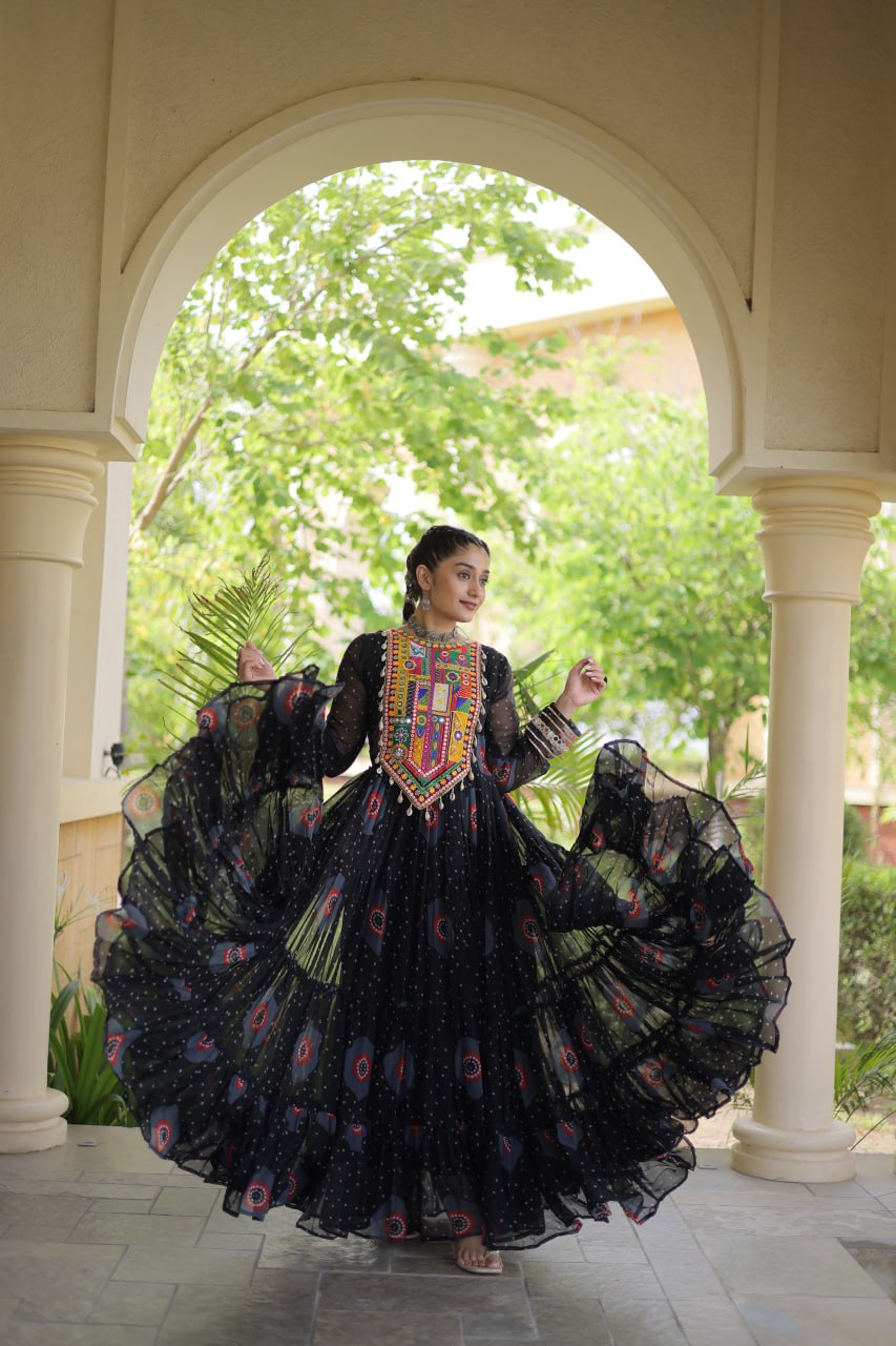 Meera Black Faux Georgette Bandhani Kutchi Patchwork Gown