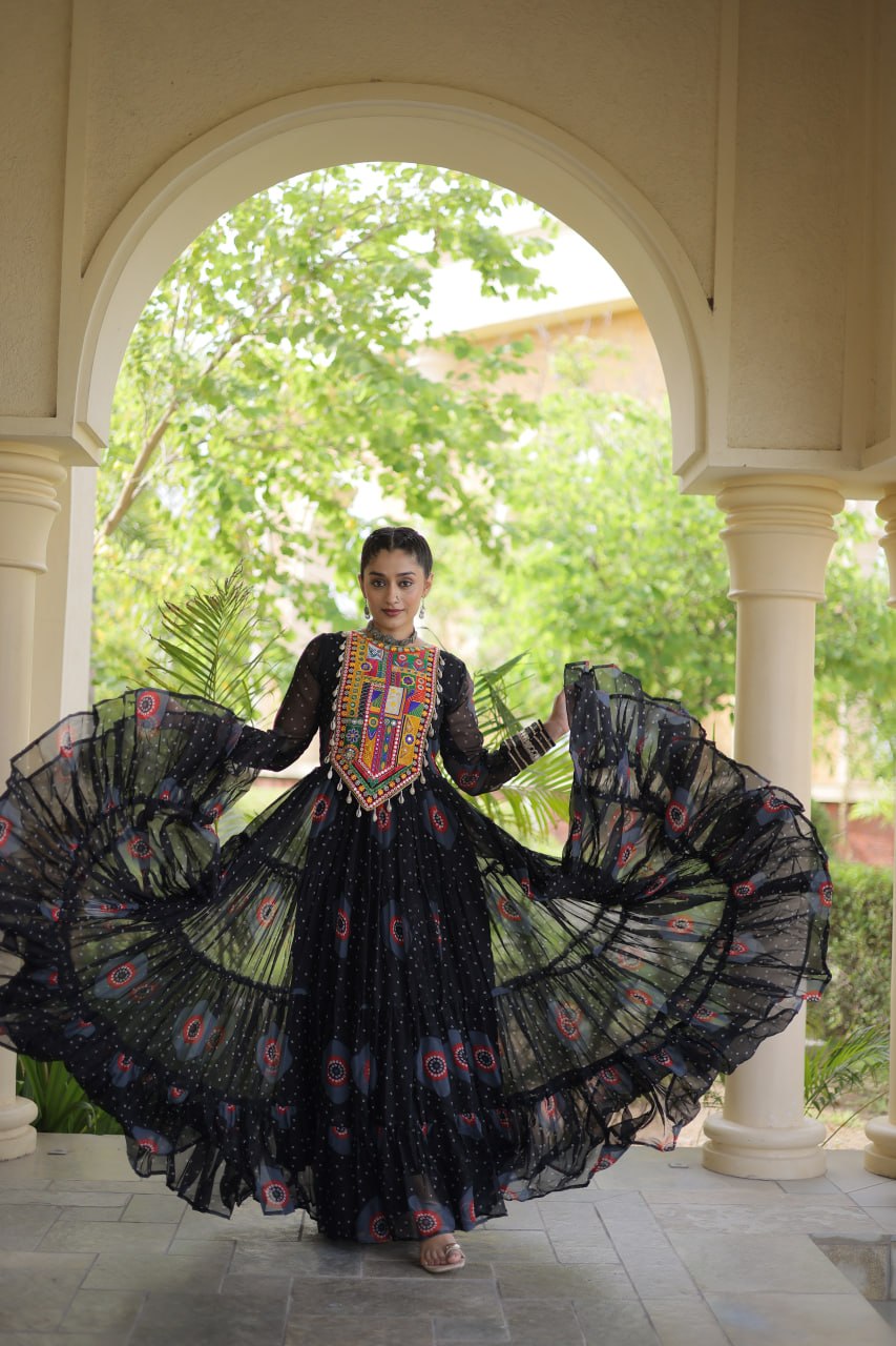 Meera Black Faux Georgette Bandhani Kutchi Patchwork Gown