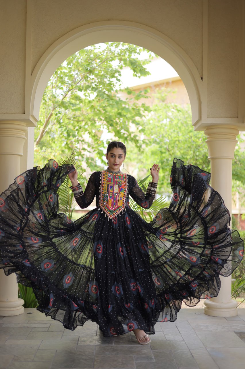 Meera Black Faux Georgette Bandhani Kutchi Patchwork Gown