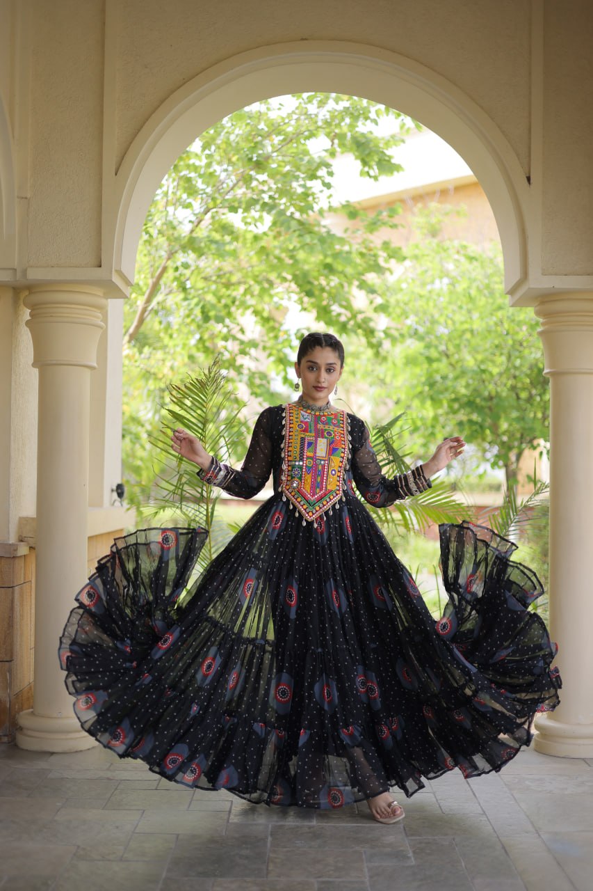 Meera Black Faux Georgette Bandhani Kutchi Patchwork Gown