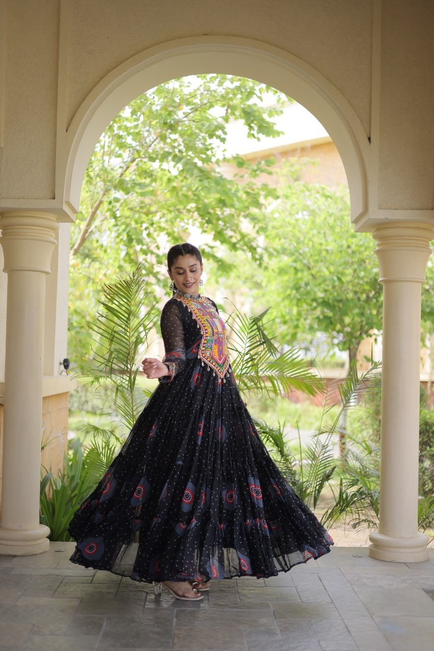 Meera Black Faux Georgette Bandhani Kutchi Patchwork Gown
