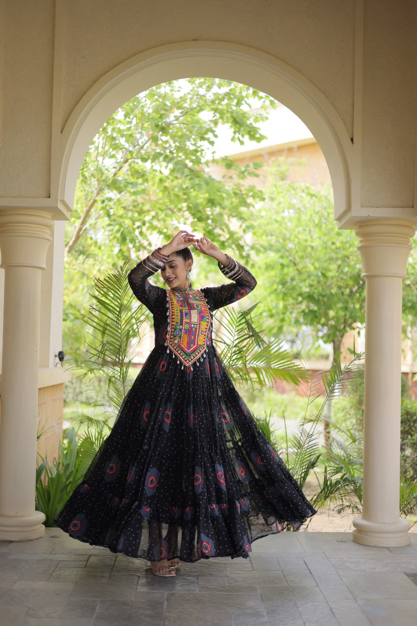 Meera Black Faux Georgette Bandhani Kutchi Patchwork Gown