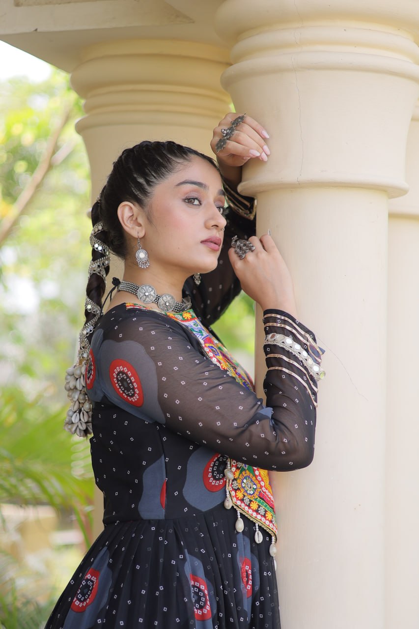 Meera Black Faux Georgette Bandhani Kutchi Patchwork Gown